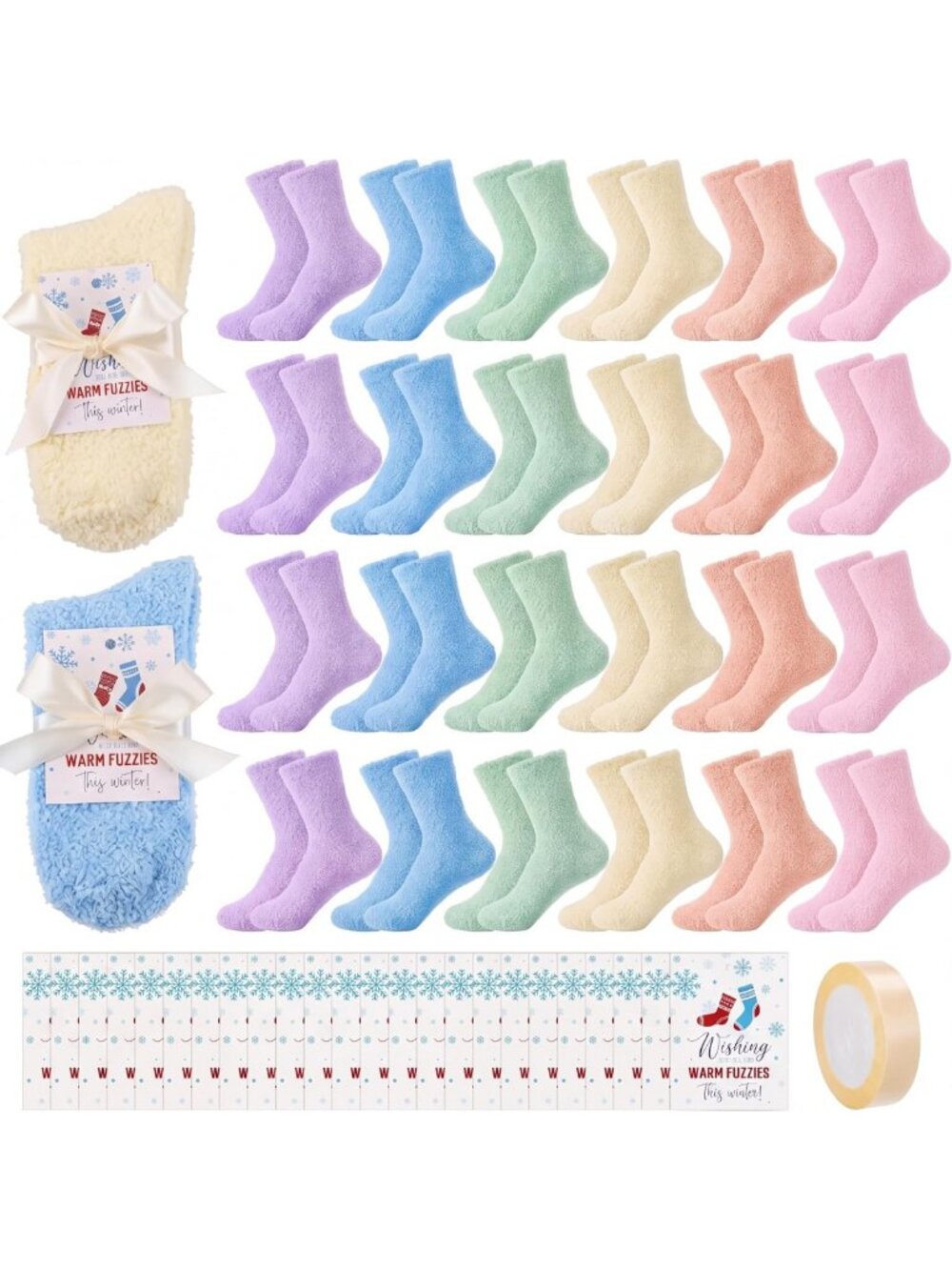 24 Pairs Cozy Pastel Fuzzy Socks with Gift Tag & Ribbon - Perfect for Gifting!